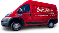 Caffi's logo and contact information for Plumbing, HVAC & Remodeling services on a red truck