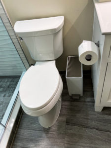Standard white toilet next to a glass shower.