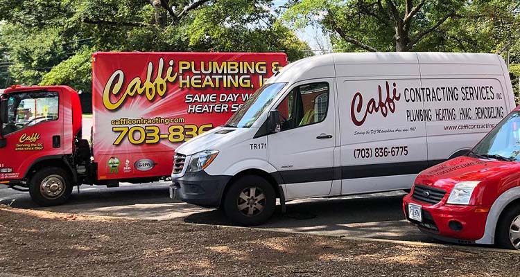 Three vehicles with Caffi's logo and contact information for Plumbing, HVAC & Remodeling services